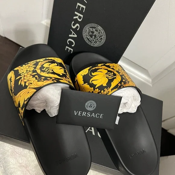 Authentic Versace Barocco Print Palazzo Flip-Flops Slides VERSACE Versace Baroque Black Slide Sandals New  main image 4